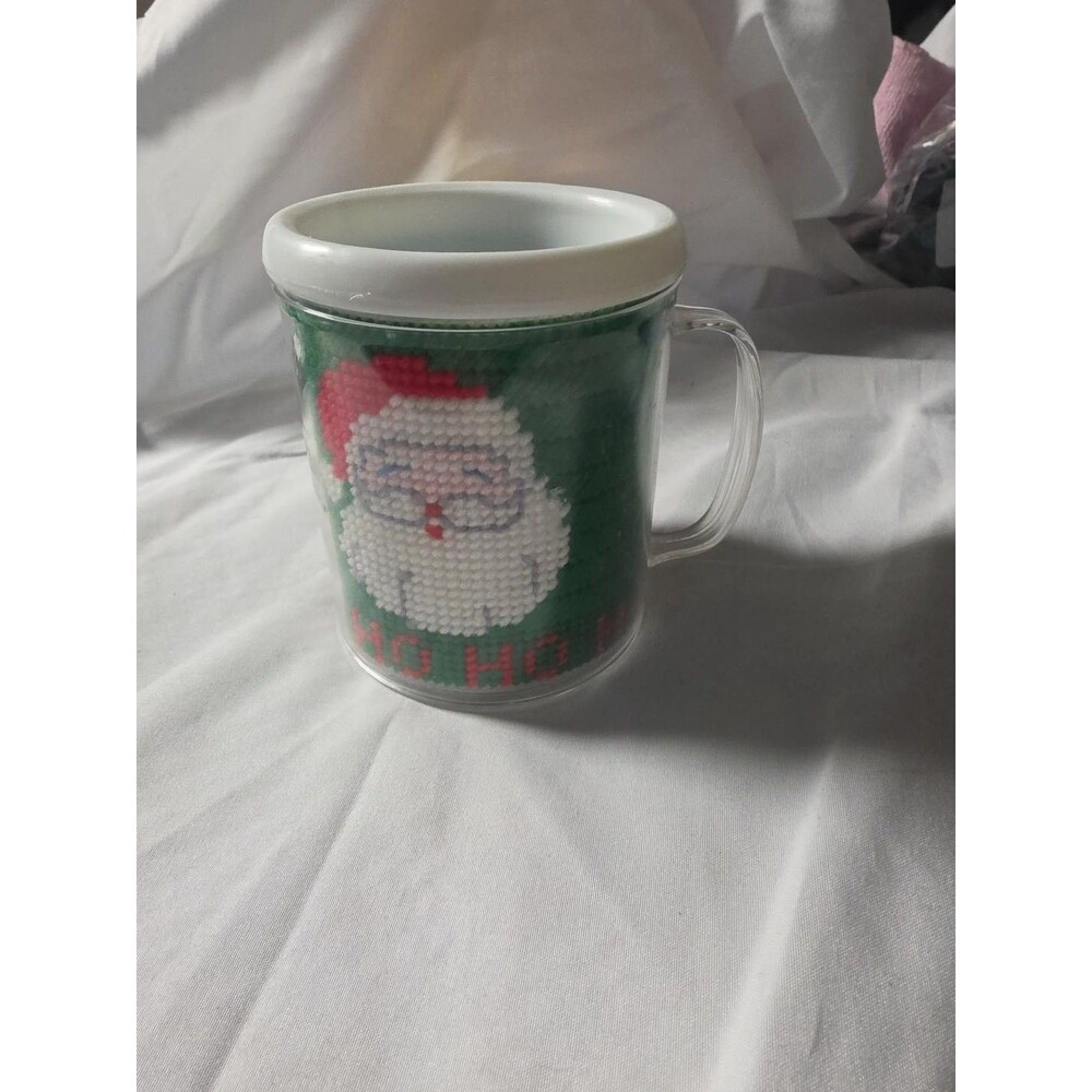Vintage Christmas Santa Needlepoint Mug Cup Ho Ho Ho Clear Plastic Handmade